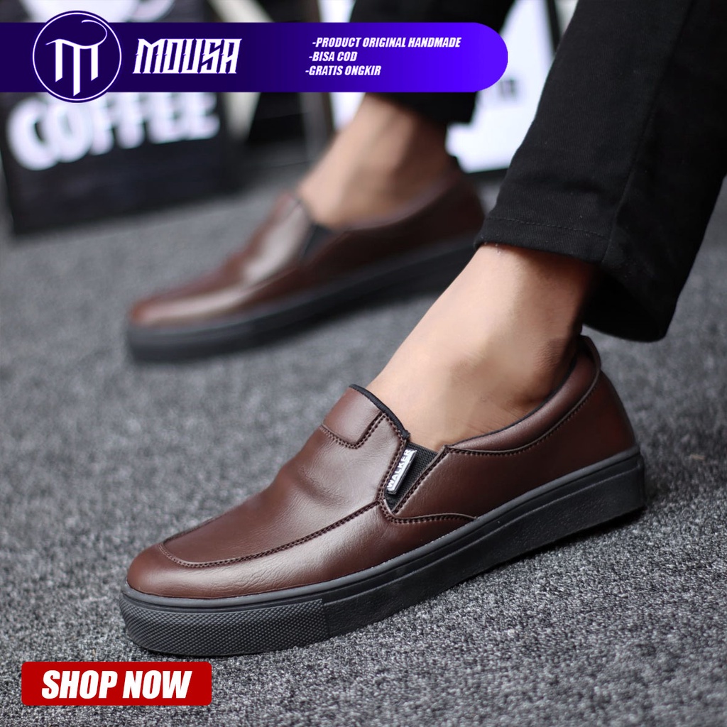 Sepatu Pria Slip On Formal Hitam Kulit Pu Slop Casual Kasual Cowok / Cowo Kerja Kantor Mousa Albd