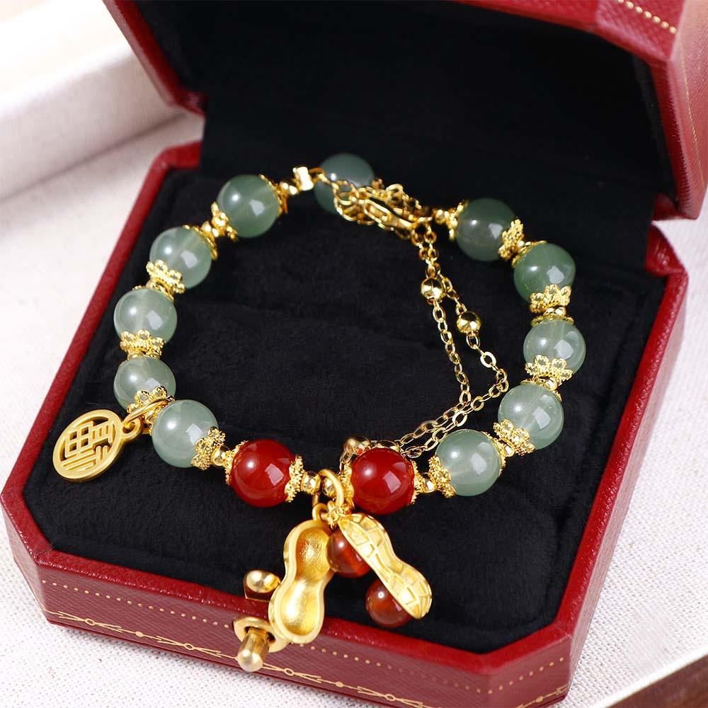 Mxbeauty Unisex Gelang Kreatif Pasangan Hadiah Rantai Warna Emas Cina Beruntung Karakter Niche Desain Fashion Perhiasan Kacang Liontin Imitasi Giok Gelang