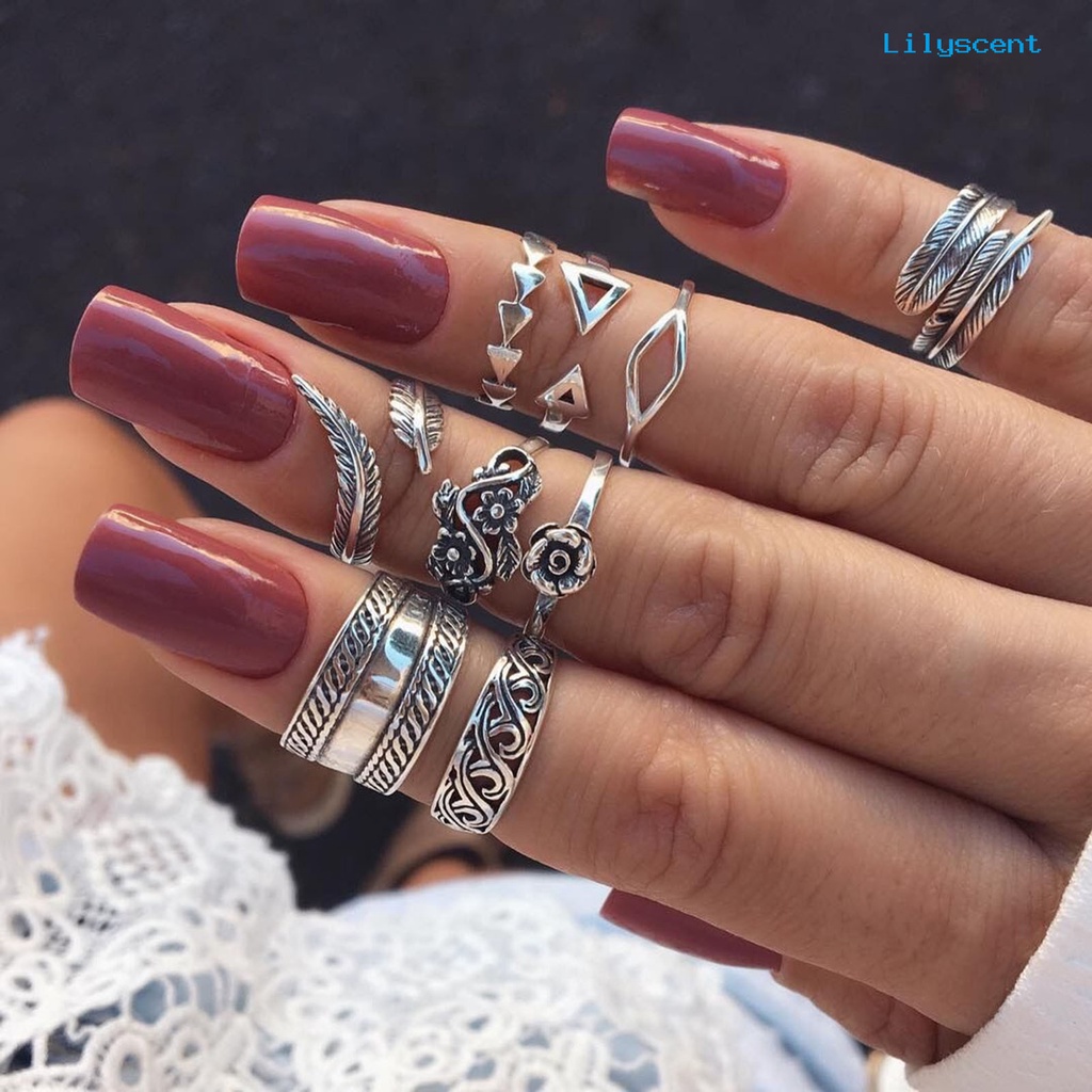 [LS]9Pcs Stackable Knuckle Rings Hollow Keluar Bunga Daun Wanita Vintage Jari Cincin Perhiasan Aksesoris