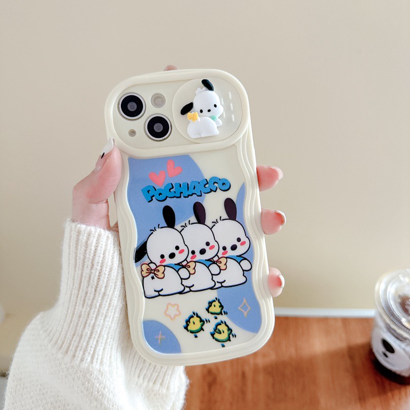 Lovely Pochacco &amp; Bear Doll Push The Window Cover Soft Case iP iPhone 11 12 13 14 Pro Max + Plus Wavy Casing Apple