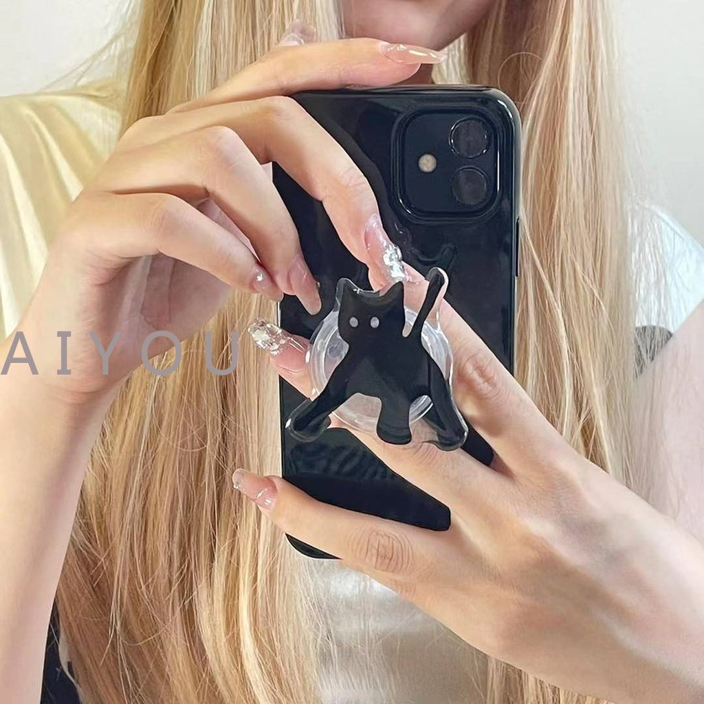 IPHONE Ins Cool Holder Stand Glossy Phone Case Untuk Iphone13 11 12 Pro Max XR X XS Max Mini7 8 Plus Se2020Hitam Lucu Butterfly Cat Cover