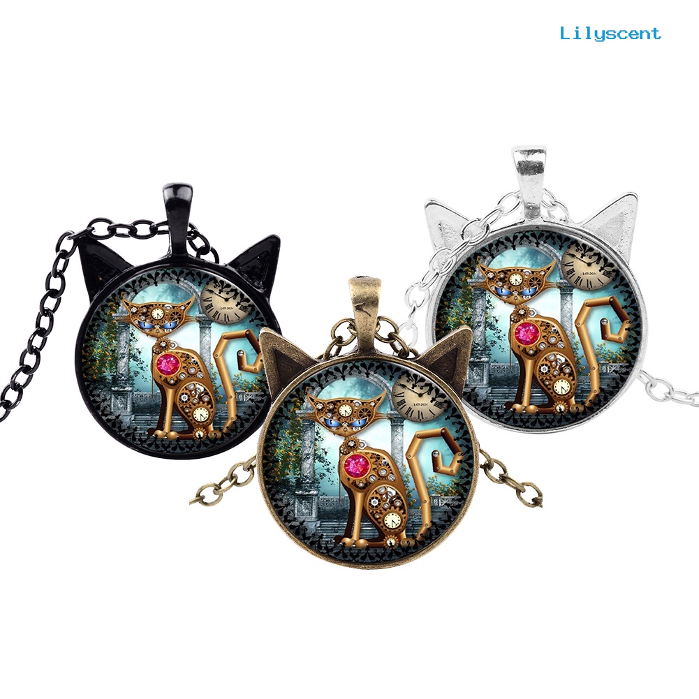 [LS] Unisex Kucing Kaca Cabochon Liontin Vintage Perhiasan Rantai Kalung Hadiah