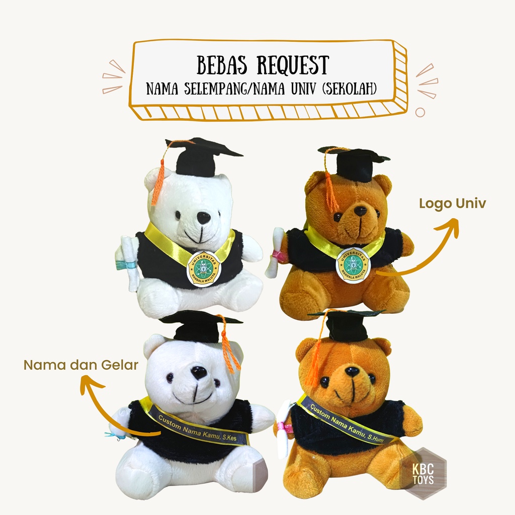 Boneka Mini Wisuda Karakter 15CM  / COSTUM NAMA / Doraemon / Stitch / Panda / Winnie The Pooh Cocok 