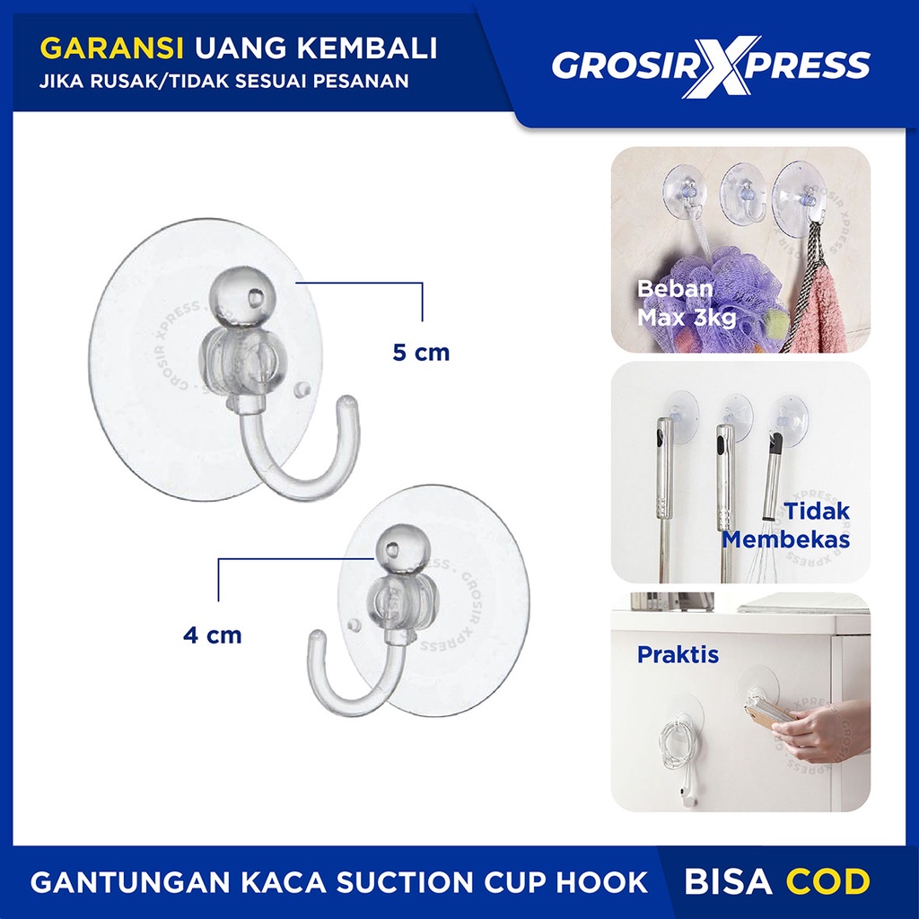 Kop Kaca Transparan Hook Gantungan Suction cup Serbaguna Cantolan Tempat Gantung Kunci Tas Spons Mandi Pakaian Handuk Tempel Cermin lemari kulkas dinding kuat anti slip | GROSIRXPRESS