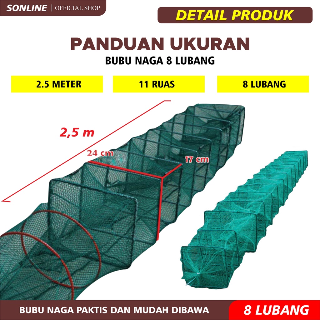 SONLINE Bubu Naga Hijau 2.5 meter / 2.5m Bubu Naga Perangkap Ikan Udang Kepiting Lobster 14 Ruas 7Lubang