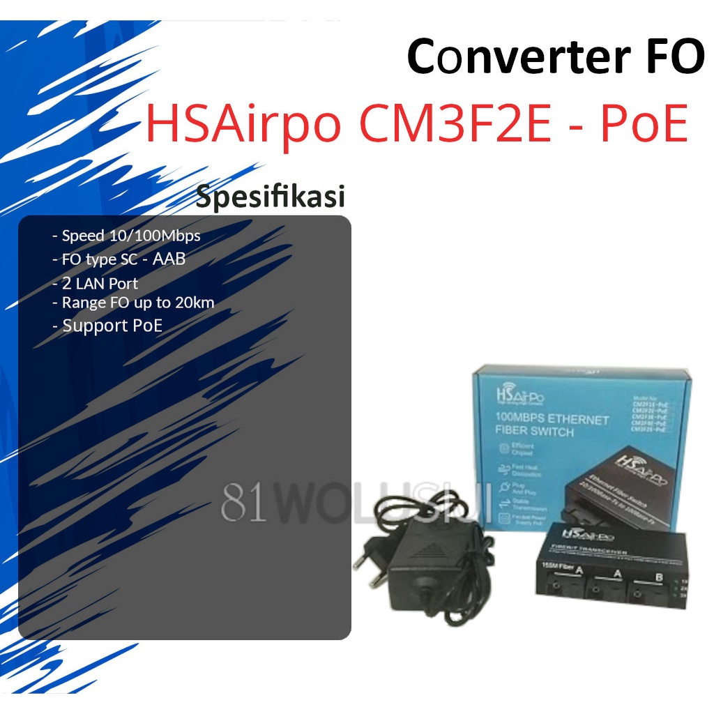 HSAirpo CM3F2E media converter 3 FO (SC) to 2 LAN 10/100Mbps - PoE IN Support
