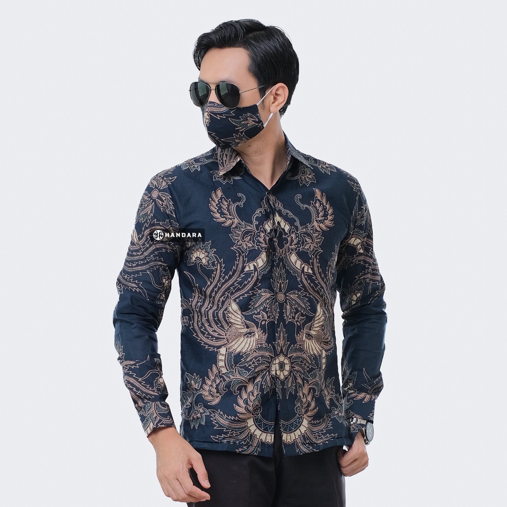 Baju Kemeja Batik Pria Lengan Panjang Slim Fit Premium Modern Full Furing Katun Halus Original Handara Motif Senopati Navy HB-211