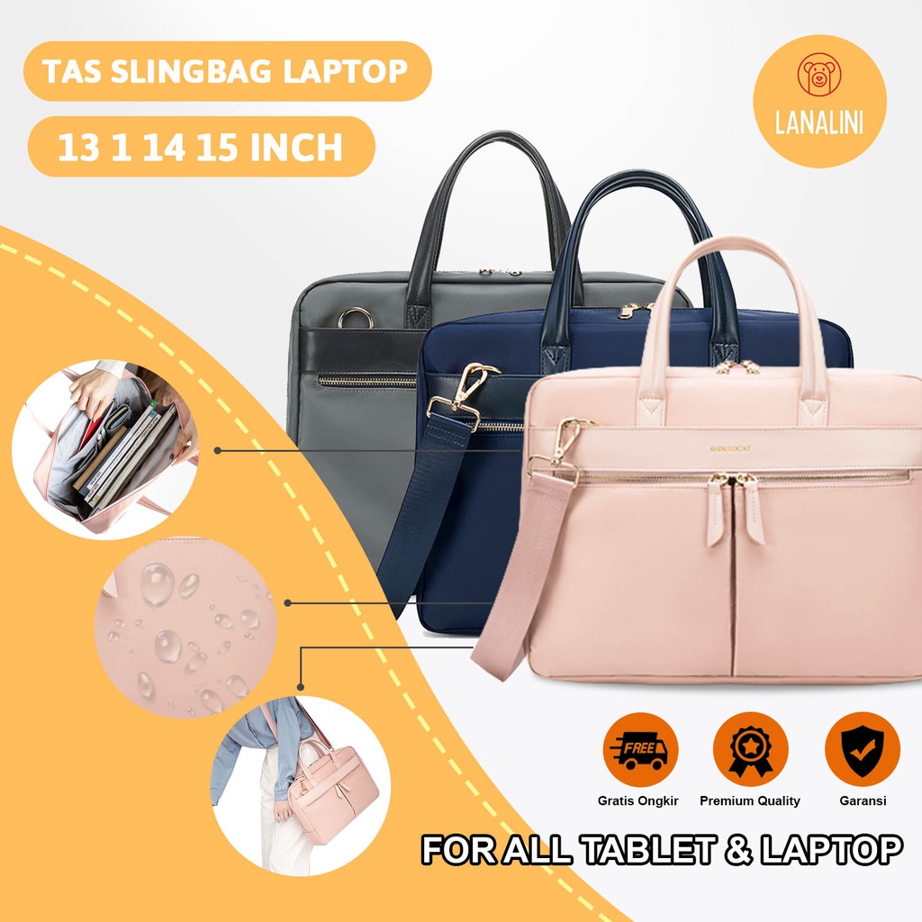 Tas Fashion Wanita Multifungsi Jinjing Kerja Kuliah Selempang Slempang Sling Bag Ipad Tablet Macbook Air Pro Laptop Asus Acer Lenovo HP Huawei 11 12 13 14 15 15,6 inch Motif Polos Warna Pink Abu Murah Korean Model Tali Waterproof Slot Stationary Kantong