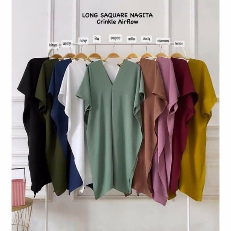 NAGITA LONG SQUARE TOP ATASAN BLOUSE WANITA AIRFLOW CRINKLE ANTI LECEK JATUH AIRFLOW HITS OOTD