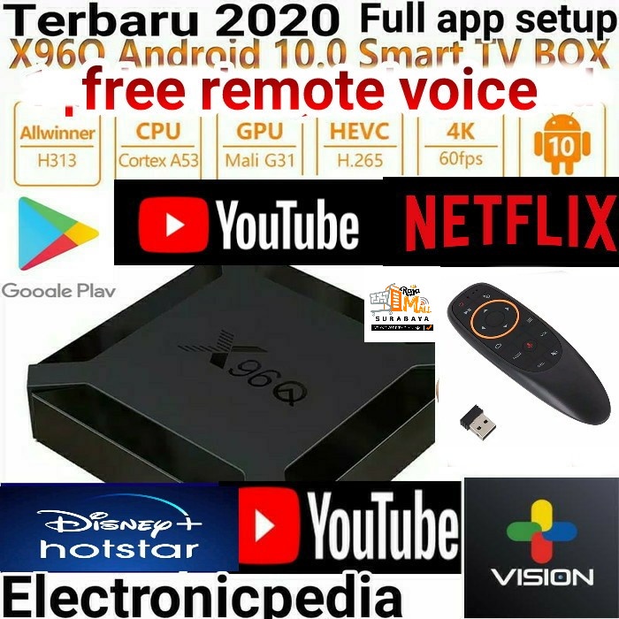 STB X96Q 1 paket remote voice tv box terbaru os android 10 full setup box