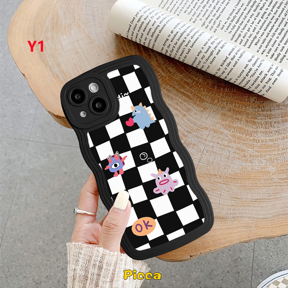 Couple Case Realme C53 C33 C15 C25 C25Y C30 C35 C17 C21Y C12 C11 C25s C20 C20A 9 9Pro+ 9i 8i 8Pro 7 C3 7i 5i 6i 5kotak Diamond Grid Hitam Dan Putih Little Monster Wavy Edge Soft Case