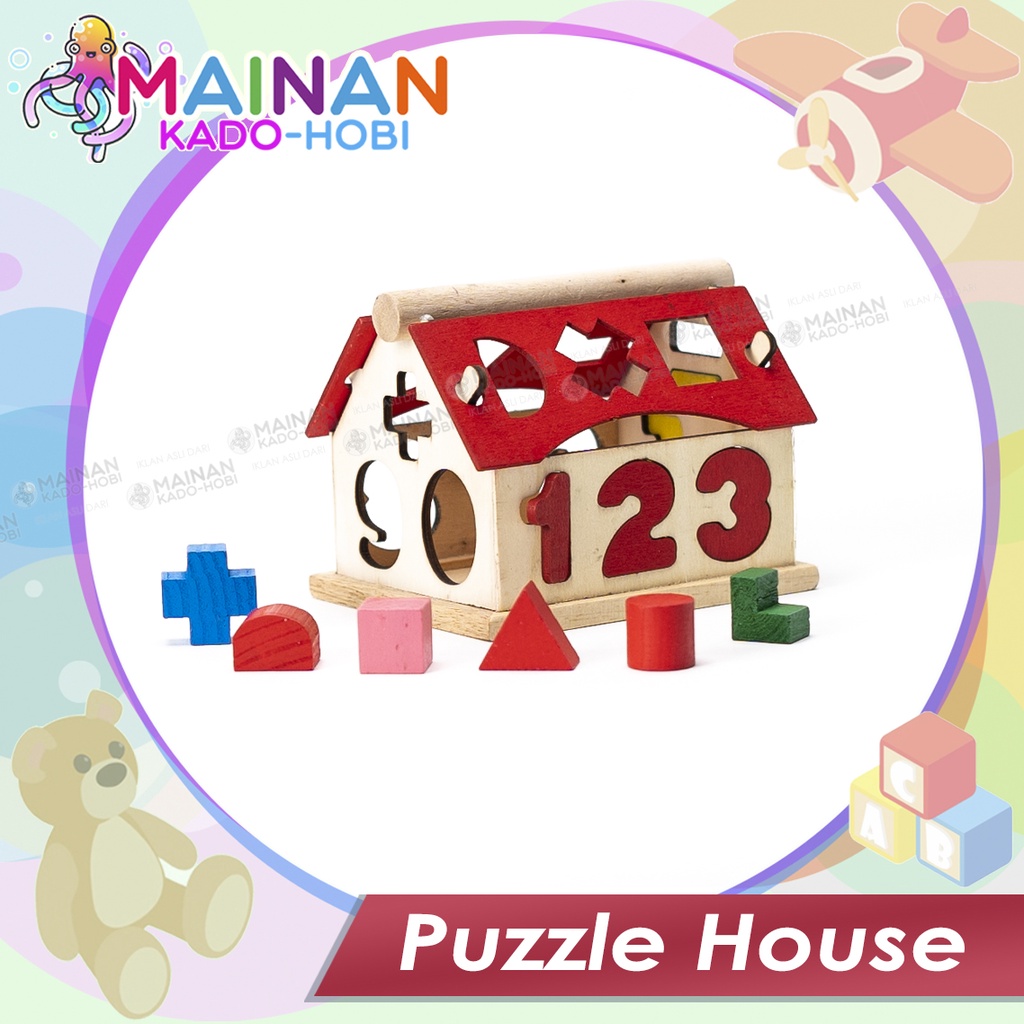 MAINAN EDUKASI ANAK JIGSAW PUZZLE BALOK RUMAH KAYU ANGKA WOODEN HOUSE