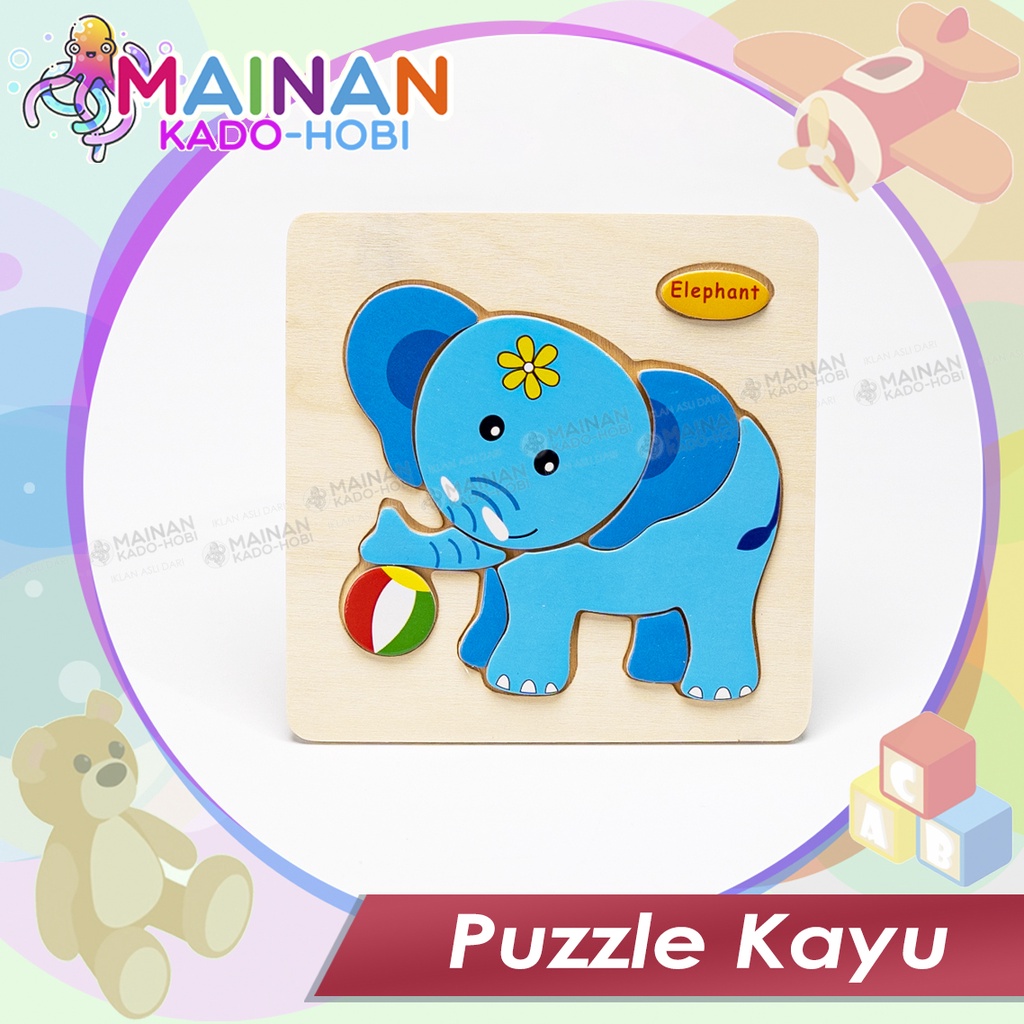 MAINAN ANAK MENGASAH OTAK PUZZLE KAYU JIGSAW PUZZLE KARAKTER ELEPHANT GAJAH