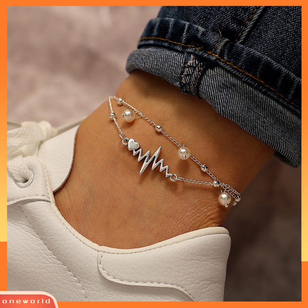 [WONE] 2pcs/set Wanita Kaki Gelang Detak Jantung Mutiara Imitasi Gelang Kaki Ankle Chain Jewelry