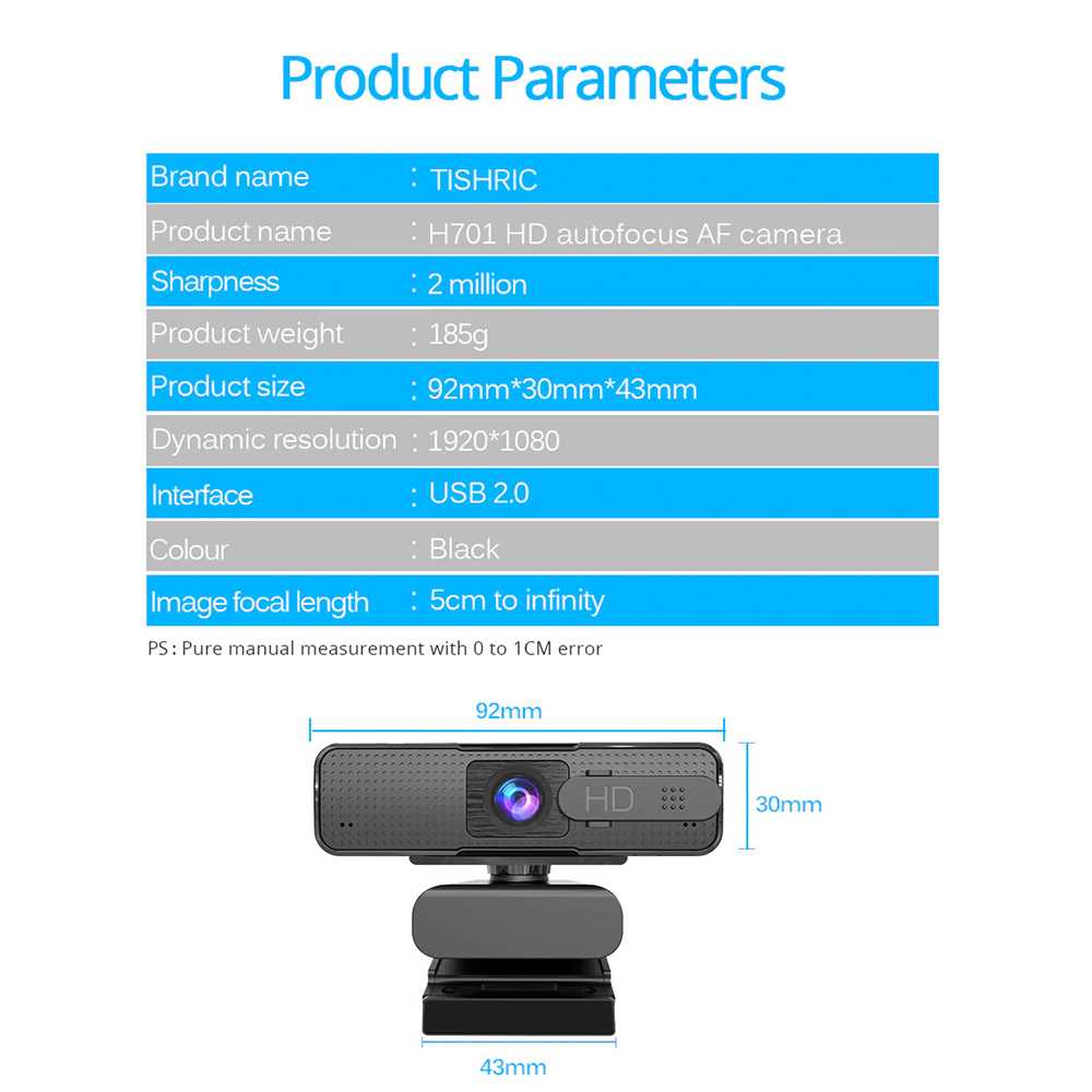 TISHRIC HD Webcam Autofocus Video Conference Zoom Meeting Live Streaming 1080P with Mic Noise Reduction - H701