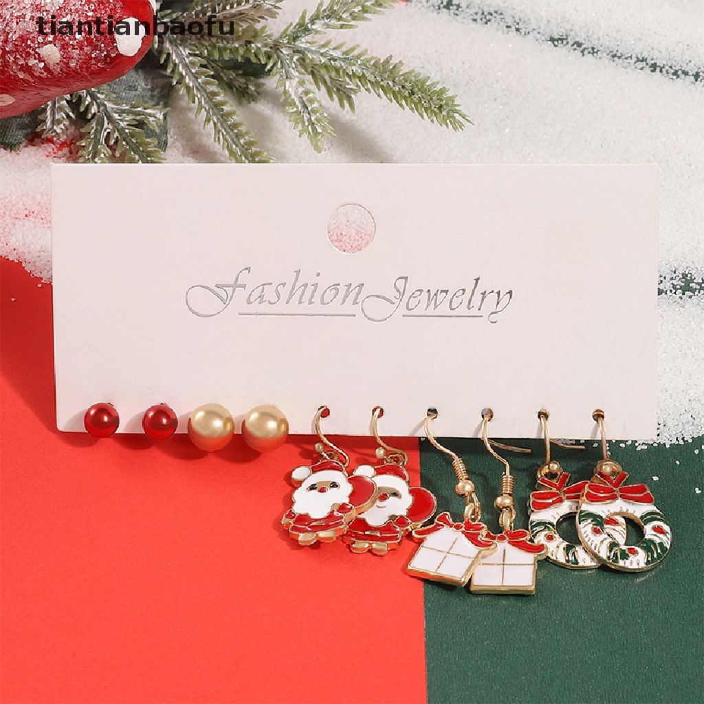 [tiantianbaofu] 5pasang Fashion Anting Natal Xmas Tree Brown Elk Snowman Santa Claus Stud Earrings Christmas Drop Earrings Pesta Telinga Perhiasan Aksesoris Butik