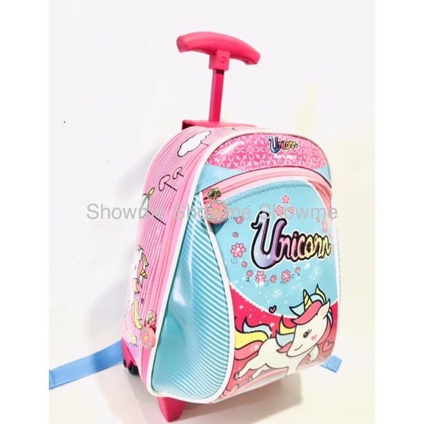 SHOWME TROLLEY - TROLI TAS RANSEL DORONGANAK SEKOLAH PAUD KUALITAS PREMIUM - BATOK GAMBAR BUSA KAKU UNICORN MAGIC PINK