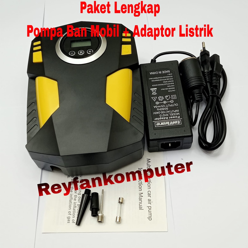 Satu Paket Inflator Pompa Angin Ban Mobil Tire Pump 120W Dan Adaptor Lighter Converter Konverter 220V AC To 12V DC Lighter Socket Power Mobil Kulkas EU 5A