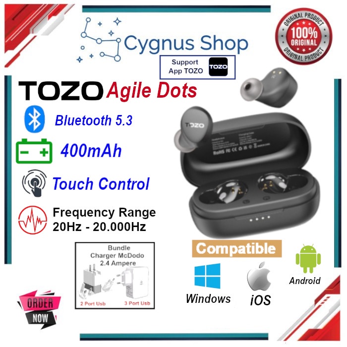 TOZO Agile Dots TWS Wireless Earbuds Stereo Headset Bluetooth Earphone