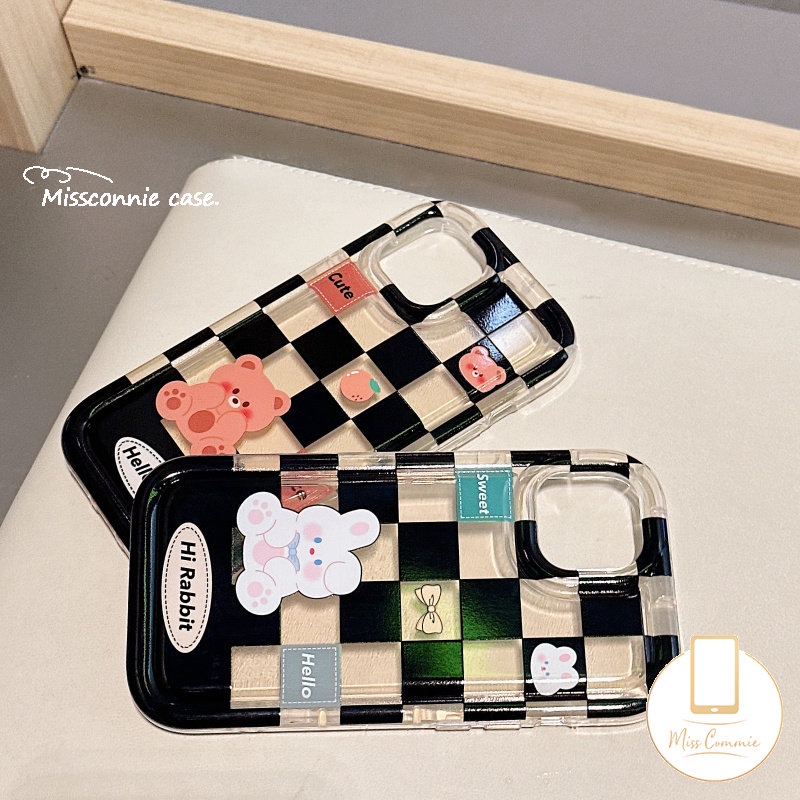 Casing Couple Case Kompatibel Untuk iPhone 7Plus 8Plus XR 11 14 13 12 Pro MAX 7 8 6 6S Plus X XS MAX Kotak-Kotak Beruang Lucu Kelinci Shockproof Airbag Soft TPU Lovers Phone Case