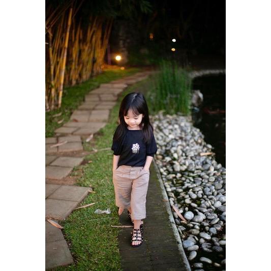 LITTLE CARACAL FLO BLOOMY TOP ATASAN ANAK PEREMPUAN KAOS ANAK PEREMPUAN RIB LENGAN BALON BORDIR