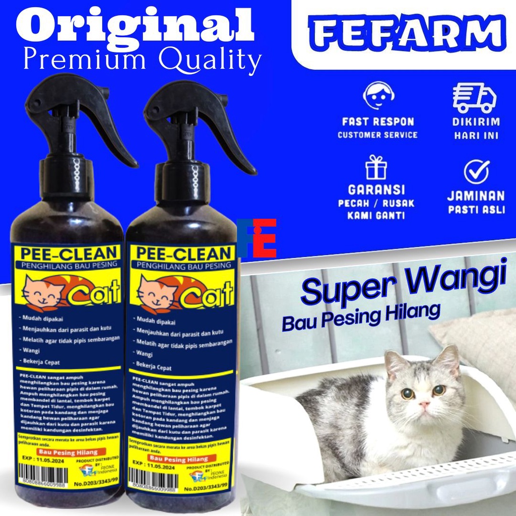 Penghilang Bau Kotoron Kucing PEE CLEAN 250ML ORIGINAL Mengatasi Pesing Urine BAB Hewan Kucing Anabul Pewangi Kandang FEFARM