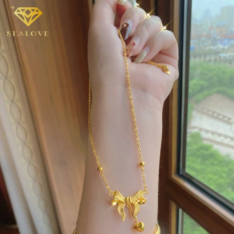 Kalung titanium wanita Anti Karat busur emas perhiasan Fashion Korea