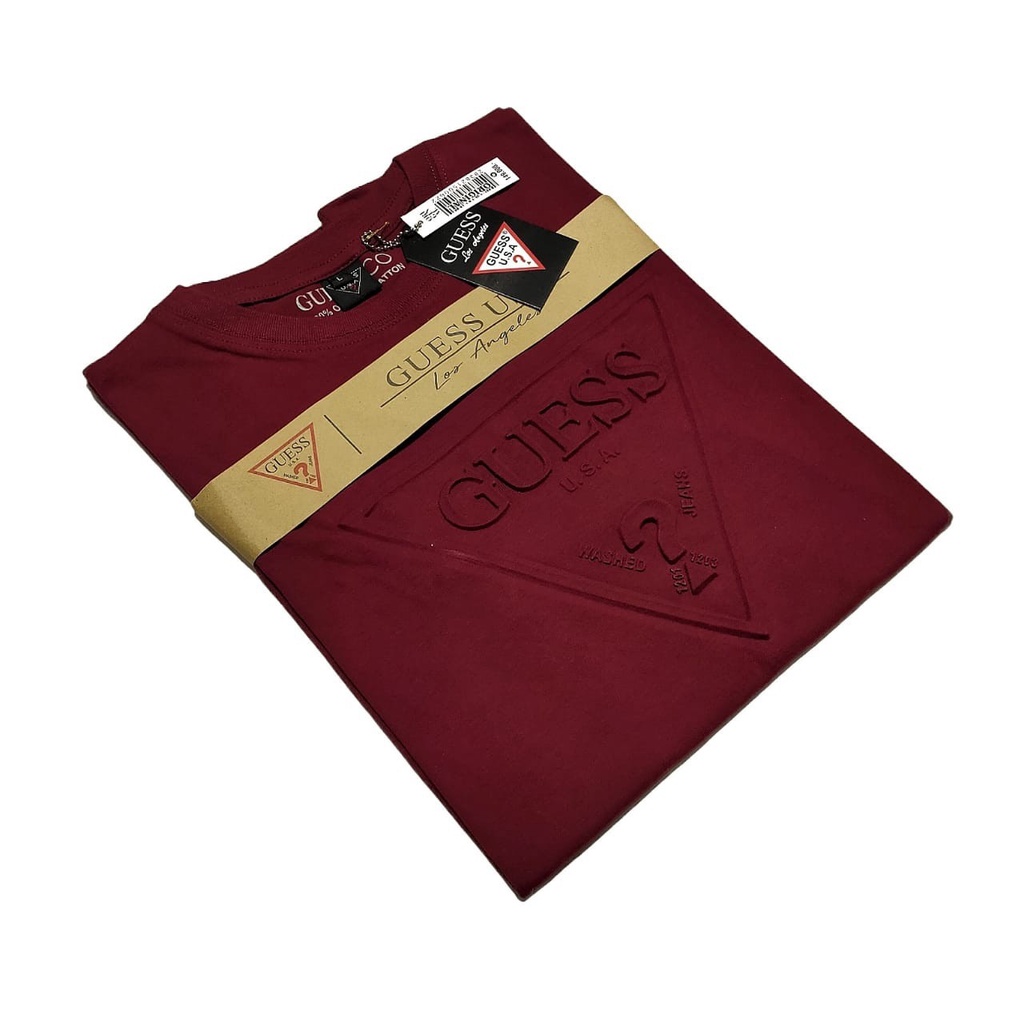 T-Shirt  Baju Kaos Guess Maroon Sablon Timbul - Emboss  Premium Quality