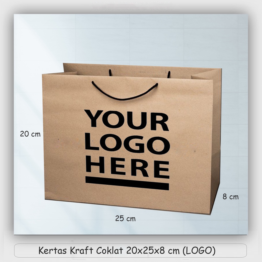 

Paperbag 10 pcs/pack Kraft coklat landcape size 20x25x8 logo cetak 2 sisi bolak balik
