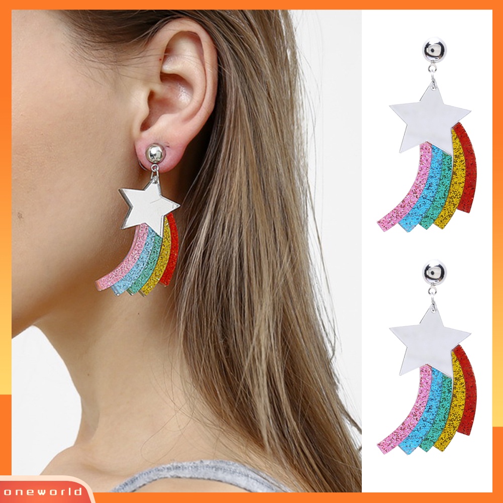 [WONE] Bintang Rainbow Sequin Pendant Ear Stud Earrings Wanita Brinco Hadiah Perhiasan Pesta