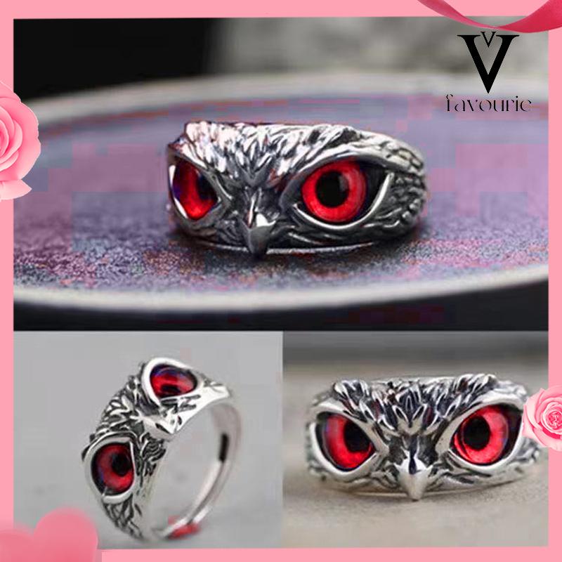 CODKristal Vintage Style Burung Hantu Cincin Perak 925 Pria Wanita Punk Crystal Rings Adjustable Size-FA