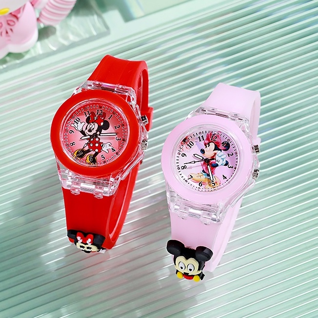 Jam Tangan Anak-anak Disney series Jam tangan anak perempuan Minnie &amp;Mickey Glowing Melody Kartun Mahasiswa Kulomi Balita Bayi Warna-warni Berkedip  Jam Tangan Elektronik