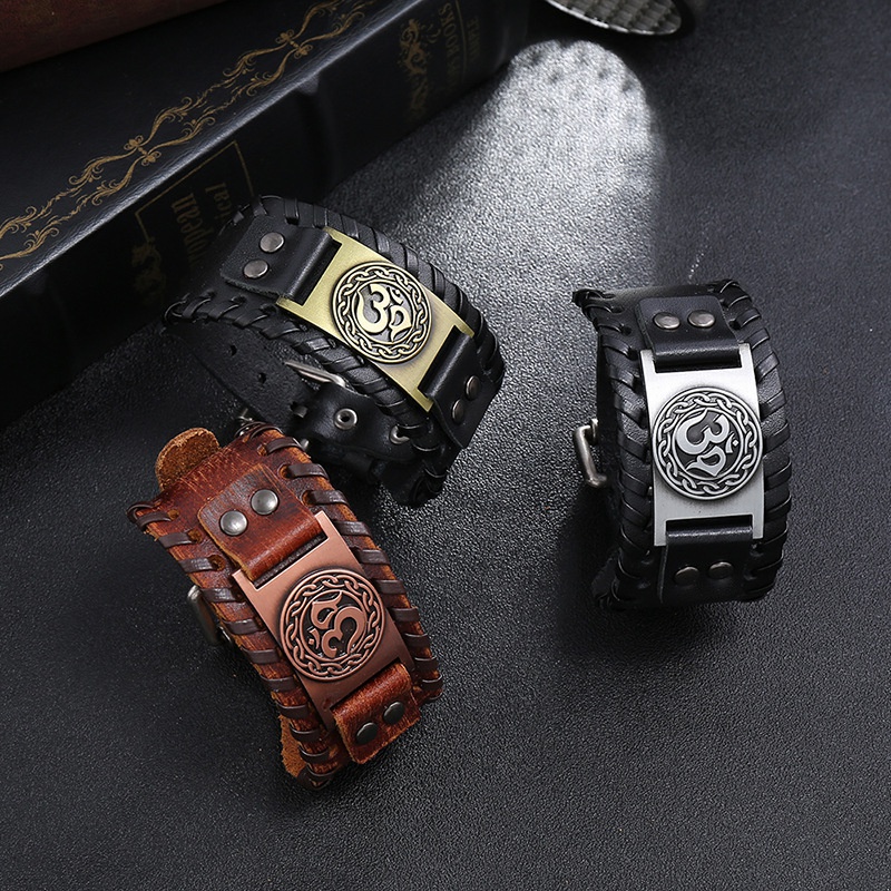 Viking Fashion Pria Stainless Steel Kulit Rune Lebar Gelang Kulit Hip Hop Pesta Perhiasan Aksesoris