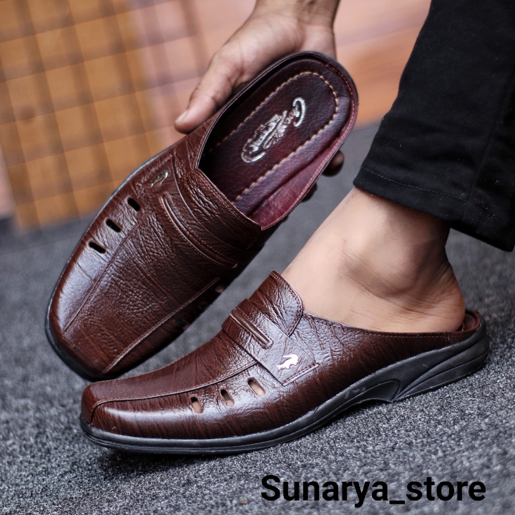 SL03 Sepatu Sandal Pria Kulit Sapi asli 100% Sandal Slop Bustong Corak Khas Kulit Sendal Motif kulit