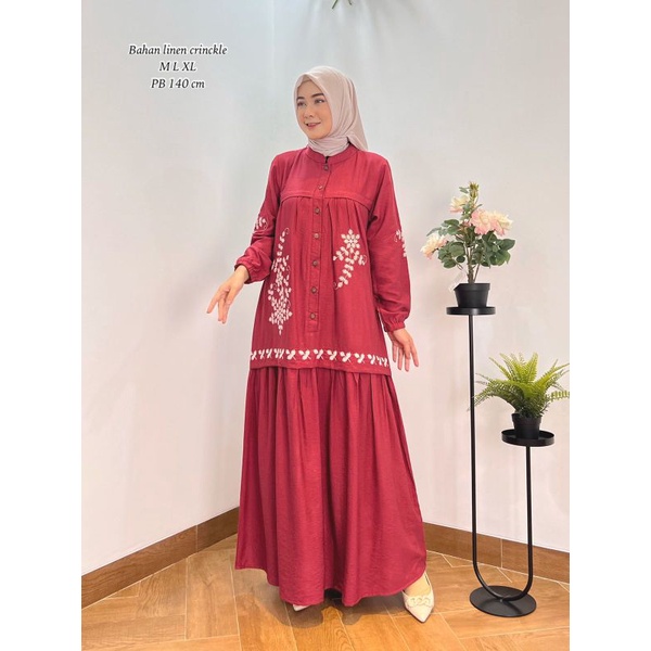 ZAJA - Baju Gamis Perempuan Cantik Dress Muslim Linen Cringkel Gamis Polos Bordir Cantik &amp; Mewah / Dress Muslim Katun Polos / Gamis Katun Toyobo Bordir Terbaru / Fashion Muslim Elegant &amp; Anggun / Gamis Bordir Ridd