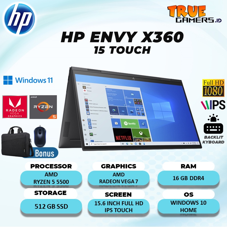 LAPTOP HP ENVY X360 13/15 TOUCH RYZEN 5 5600 RAM8GB 512SSD VEGA7 WIN11 13.3FHD