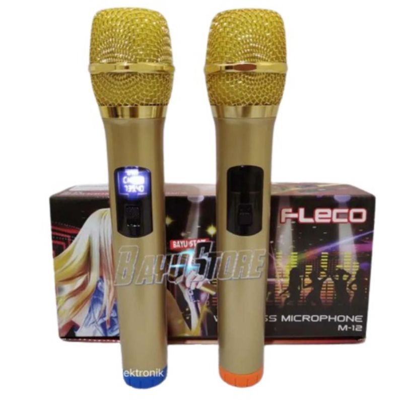 Fleco M12 Microphone wireless Karaoke Super Bass Mic double Profesional Microphone Tanpa Kabel Isi Dua