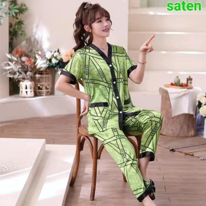 Baju tidur wanita saten import / Stelan CP piyama wanita satin kancing