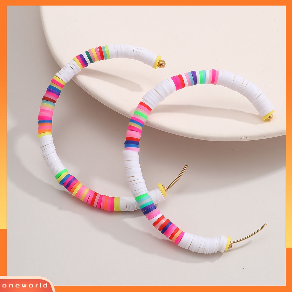 [WONE] 1pasang All-match Wanita Warna Pelangi Polymer Clay Bohemian Hoop Stud Earring Untuk Outdoor