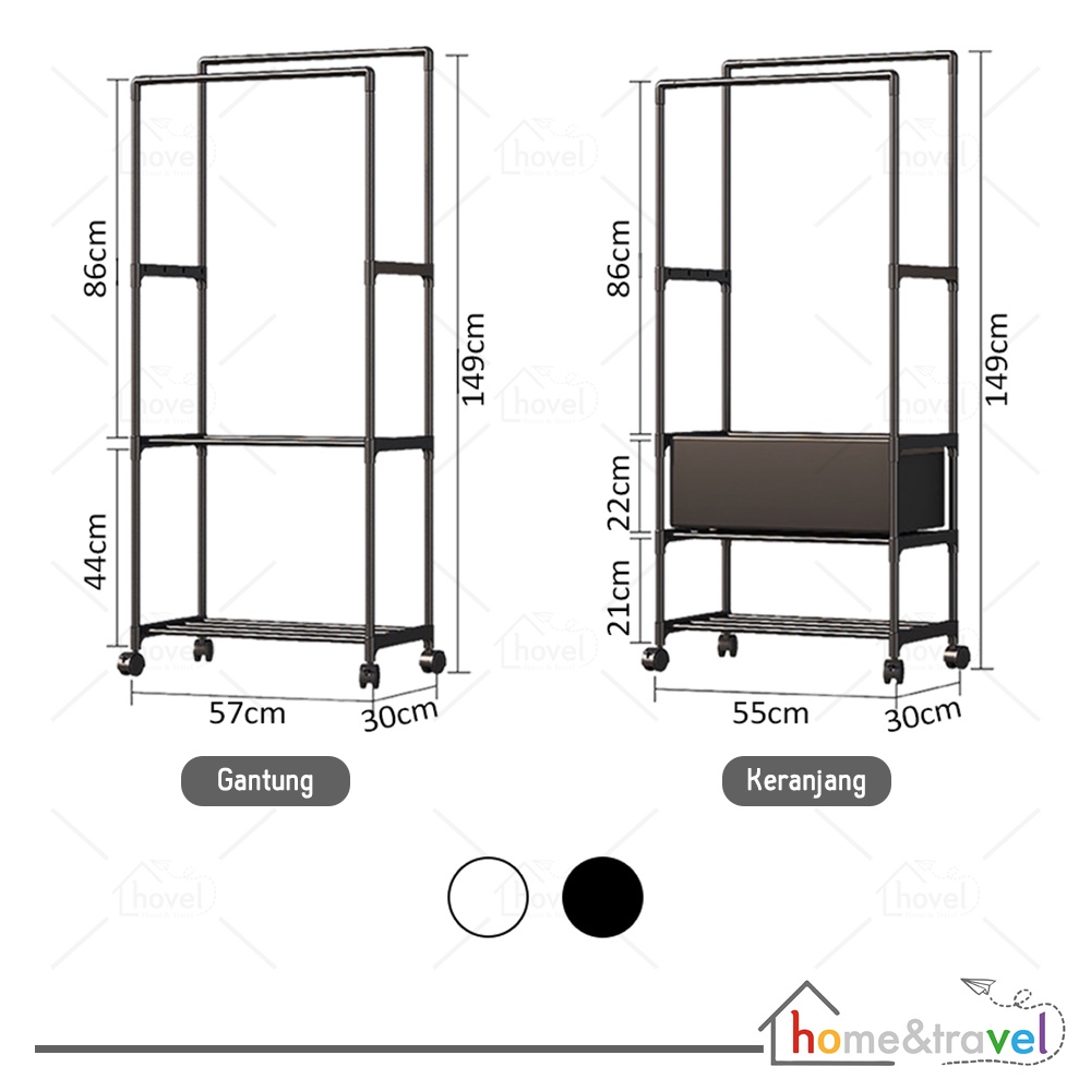 HOVELSHOP Rak Baju Gantung Besi Stand Hanger Celana Rok Multifungsi dengan 4 Roda