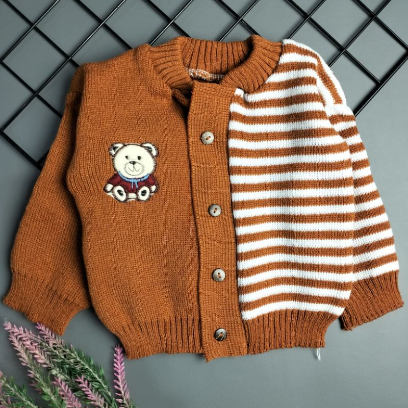 jacket mantel sweater rajut bayi 0-12 bulan bear garis