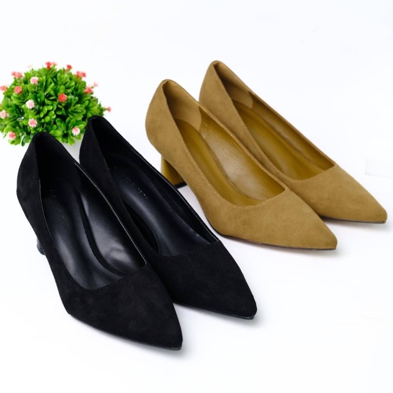 Sepatu Hak Tinggi Suede Wanita CKS Velvet Office Block High Heels 7cm Premium Import,Hitam Black Cok