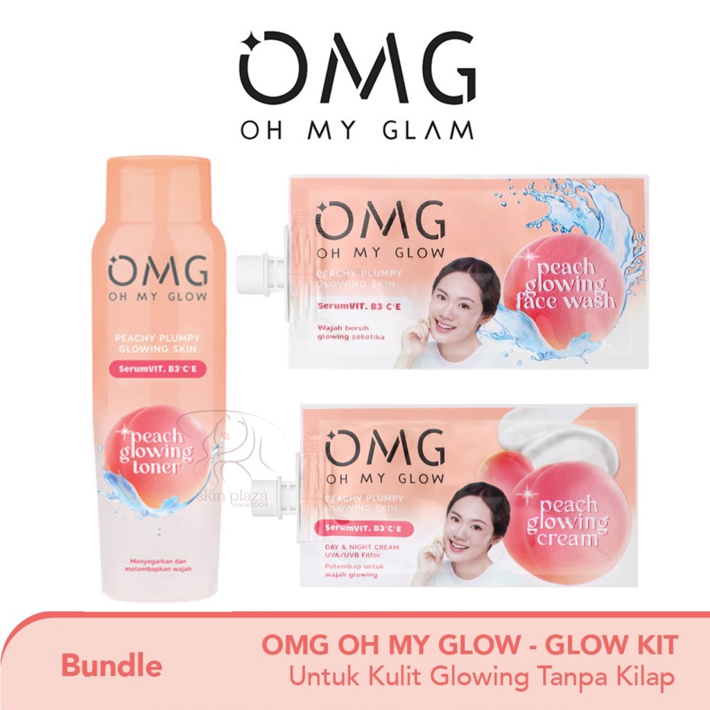 OMG Oh My Glow Paket Lengkap Kit Peach Glowing Cream Toner Face Wash Travel Size Mini Sachet