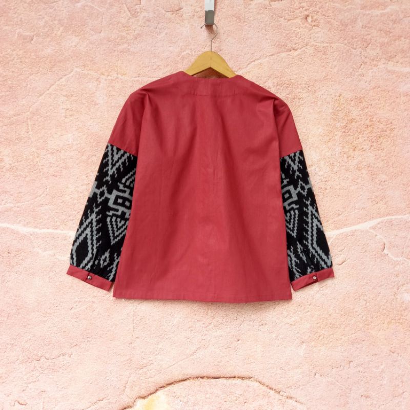 Atasan Tenun B 29 Merah Blus Blouse Baju Kerja Wanita Modern