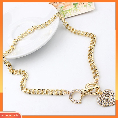 [WONE] Wanita Bertatahkan Berlian Imitasi Bentuk Hati Liontin Pendek Curb Rantai Kalung Perhiasan