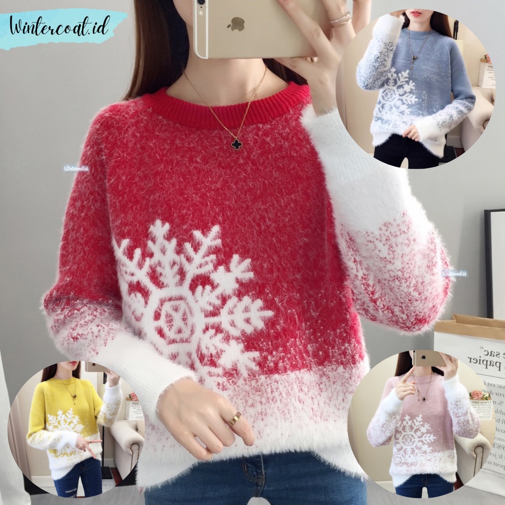 Sweater motif salju import natal christmas atasan wanita hangat