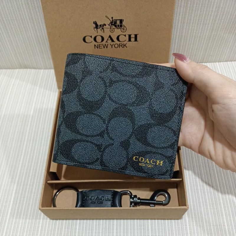 Dompet lipat pria C0ACH signature gift set keychain import