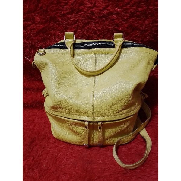 Tas Ransel/Selempang/handbag Second Kulit Asli Sapi  3 fungsi Kuning Neon L30xT32