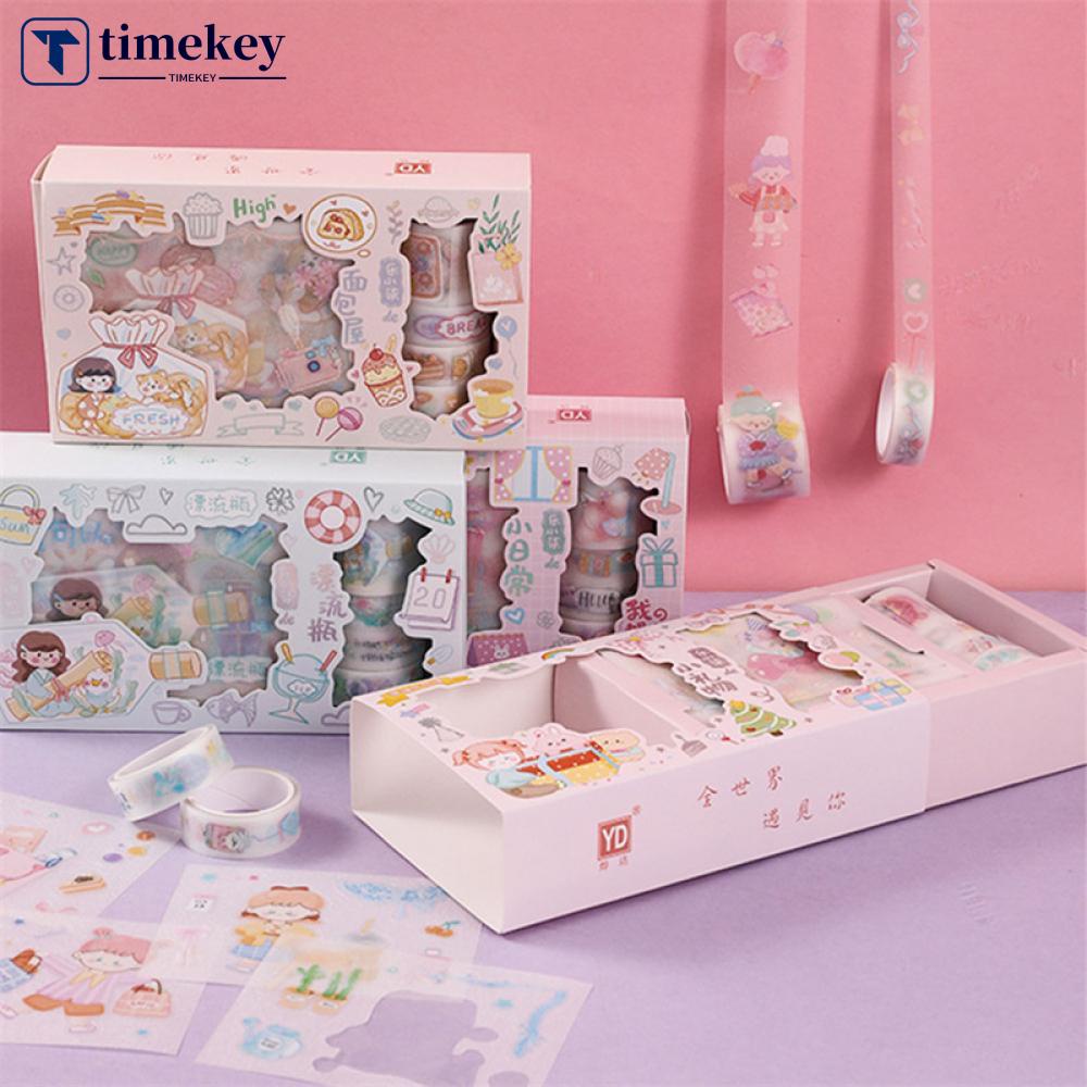 Timekey 4Rolls 12Pcs Lucu Kartun Washi Tape Scrapbooking Kreatif Kawaii Masking Jurnal Tape DIY Scrapbooking Diary Tape Stiker J1N9