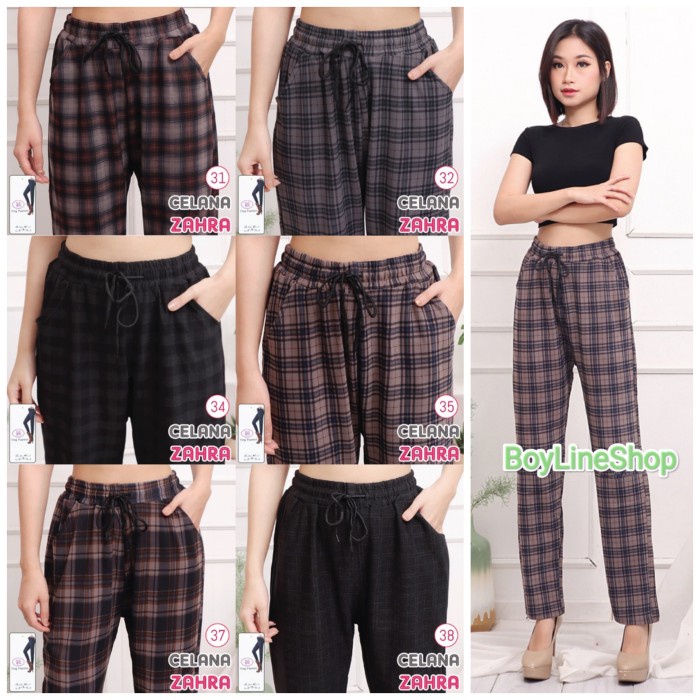 Cuci Gudang Celana Panjang Wanita Kotak Kotak Jumbo Bahan Katun